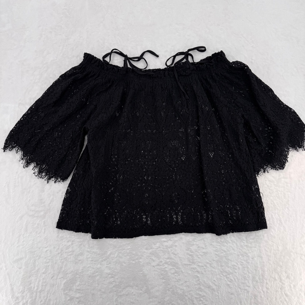 Black Eyelet Lace Off Shoulder Top Eyelash Fringe Whimsigoth Dark Fairy Large